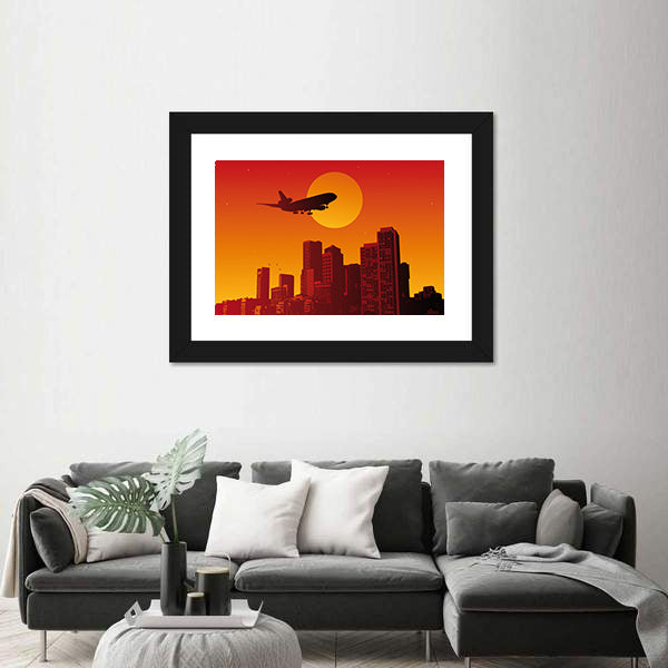 Airplane with Landing Gear Over Sunset City Canvas Wall Art