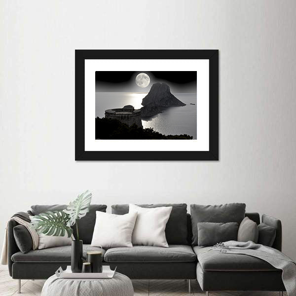 Moonlit Watchtower on Rocky Island Canvas Wall Art