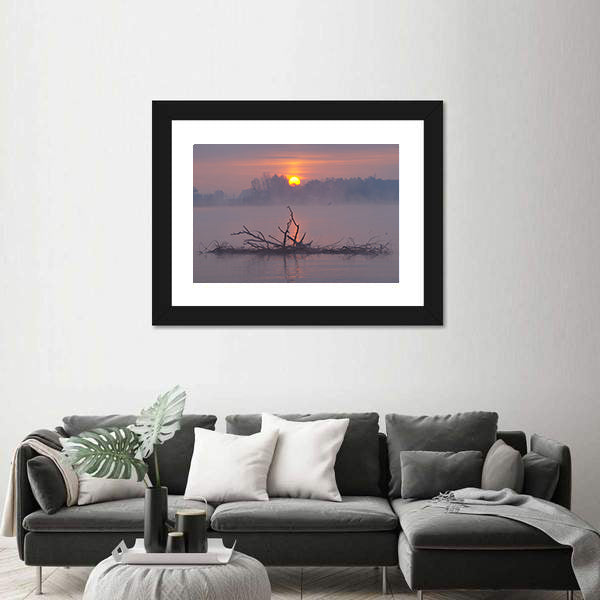 Misty Lake Sunrise Canvas Wall Art