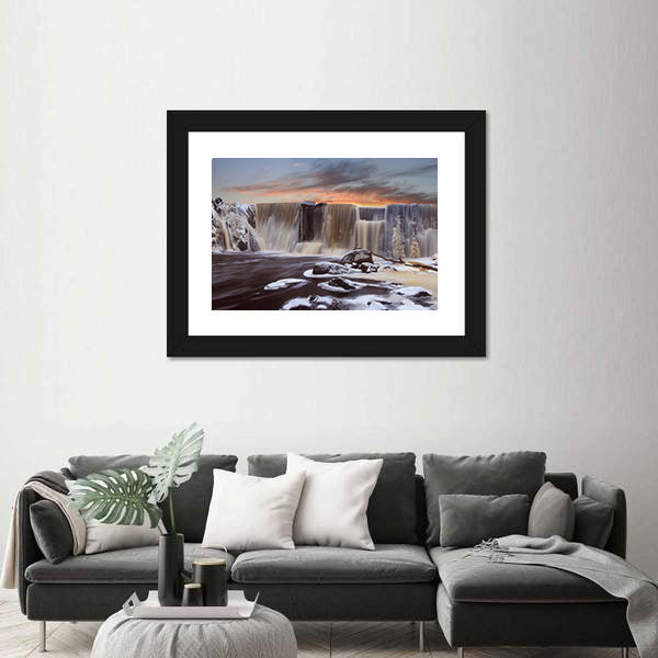 Winter Falls In Finnish Dam Canvas Wall Art