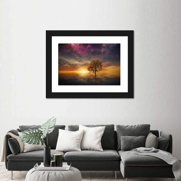 Surreal Tree Over Lake at Sunset Canvas Wall Art