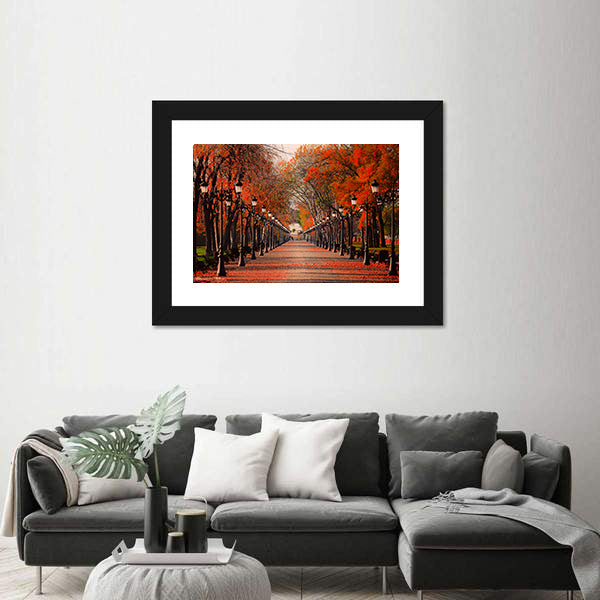 Red Autumn Park Pathway Canvas Wall Art