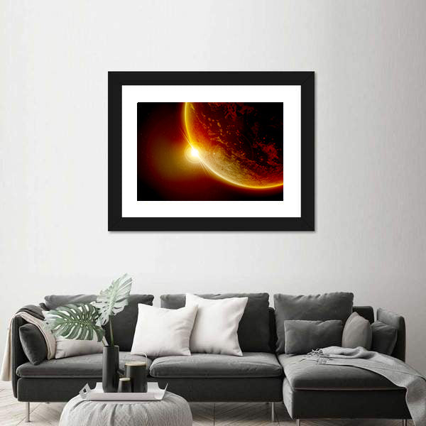 Red Planet Earth In Outer Space With Sun Canvas Wall Art