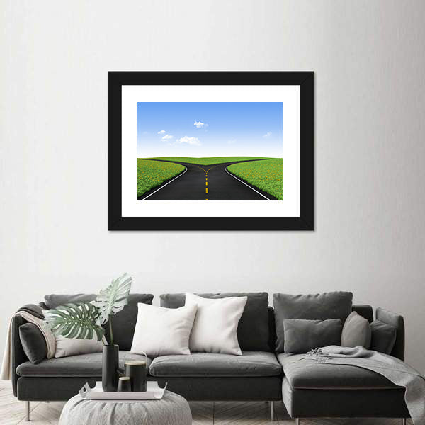 Forked Road in Sunlit Meadows Canvas Wall Art
