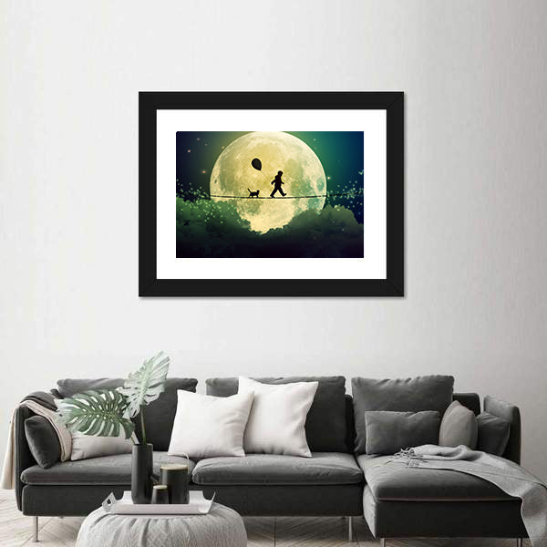 Child on Tightrope Under Full Moon Canvas Wall Art
