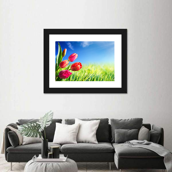 Sunny Spring Tulips in Meadow Canvas Wall Art