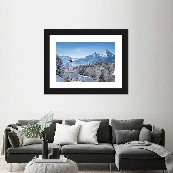Snowy Alps With Church In Bavaria Canvas Wall Art