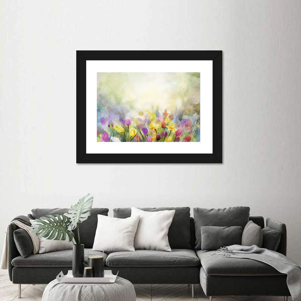 Watercolor Daffodil and Tulip Meadow Canvas Wall Art