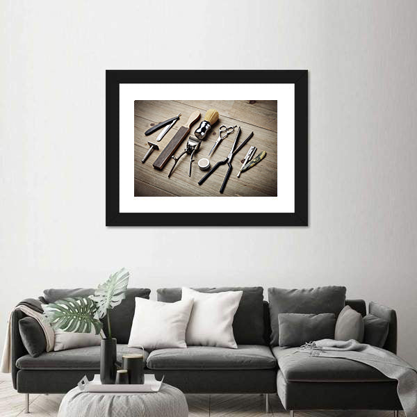 Vintage Barber Tools Flat Lay Canvas Wall Art