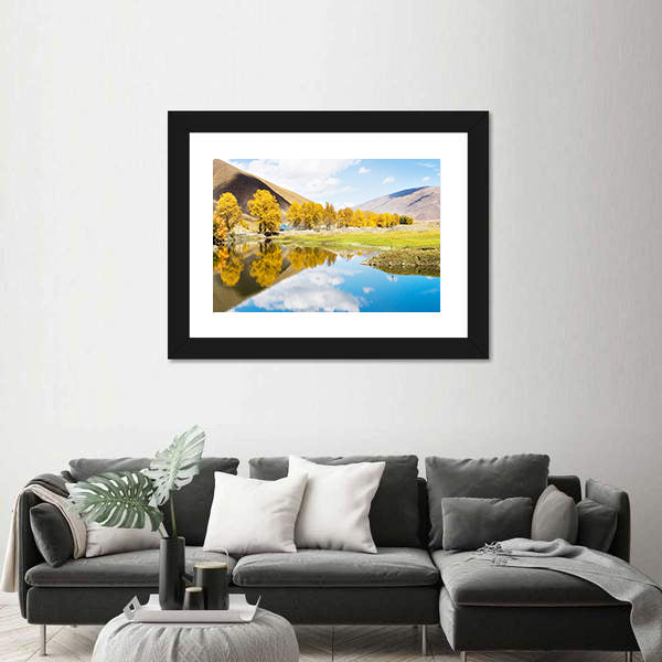 Autumn Mountain Lake with Golden Trees Canvas Wall Art