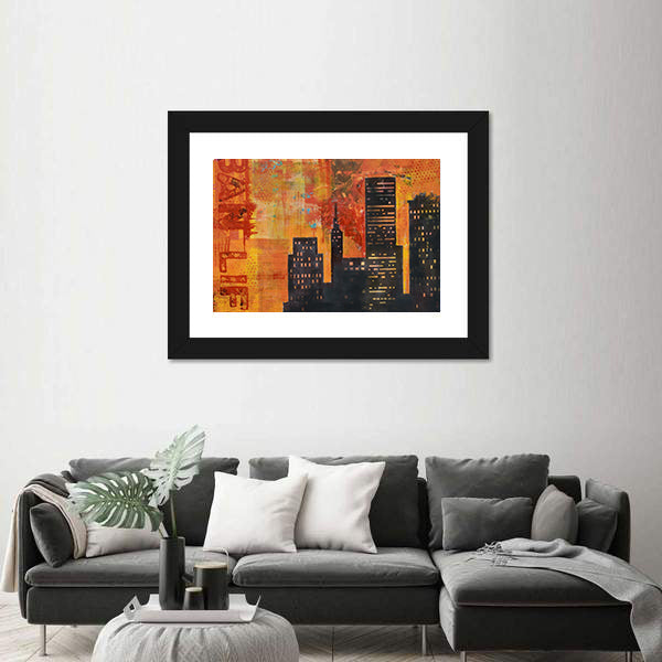 Abstract Urban Skyline with Stenciled Text Canvas Wall Art