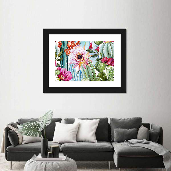 Watercolor Cactus Pattern with Pink Blooms Canvas Wall Art