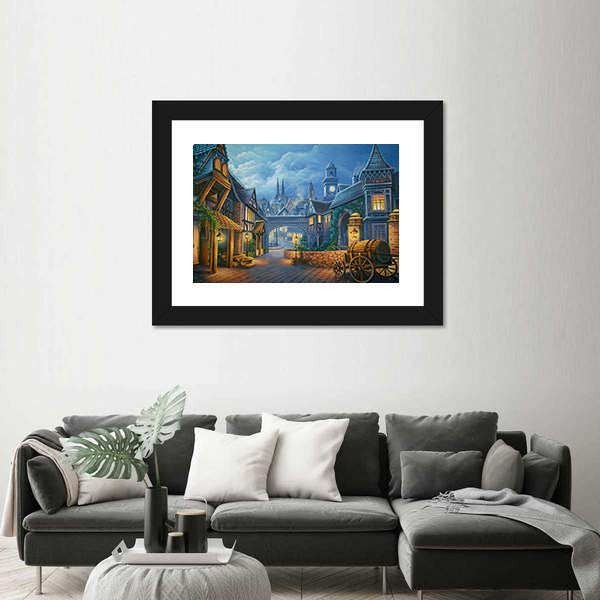 Twilight Medieval Village Through Stone Archway Canvas Wall Art