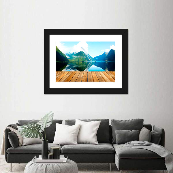 Wooden Pier and Mountain Lake Canvas Wall Art