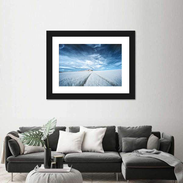 White Field with Parallel Tire Tracks Canvas Wall Art