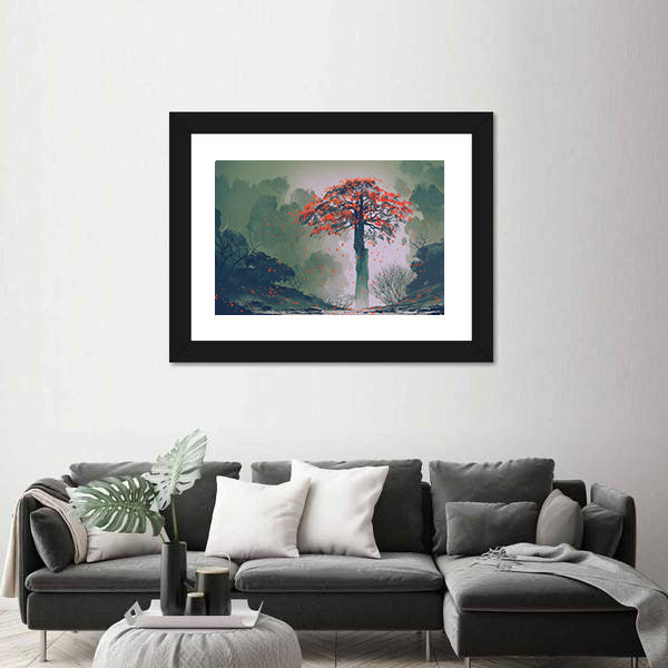 Misty Red Tree in Autumn Forest Canvas Wall Art