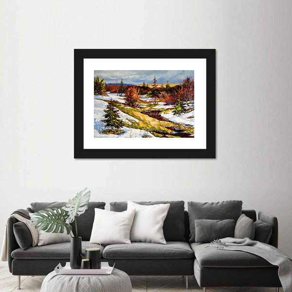 Snowy Stream at Sunset Canvas Wall Art