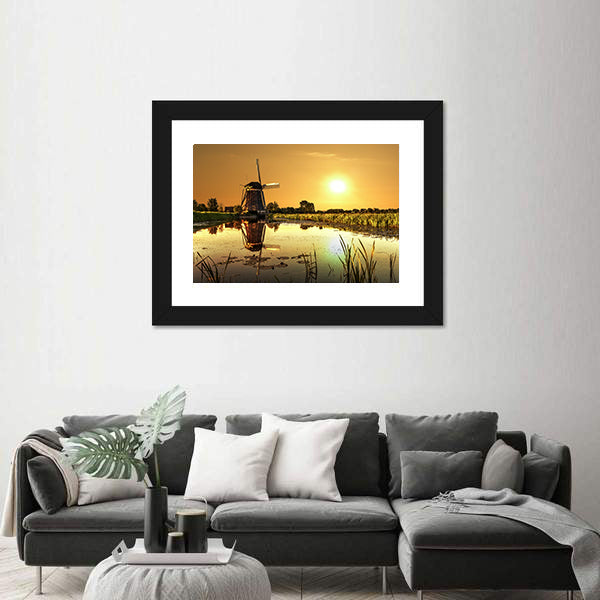 Kinderdijk Windmill at Golden Sunrise Canvas Wall Art