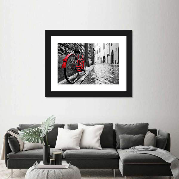Red Bicycle on Cobblestone Street Canvas Wall Art