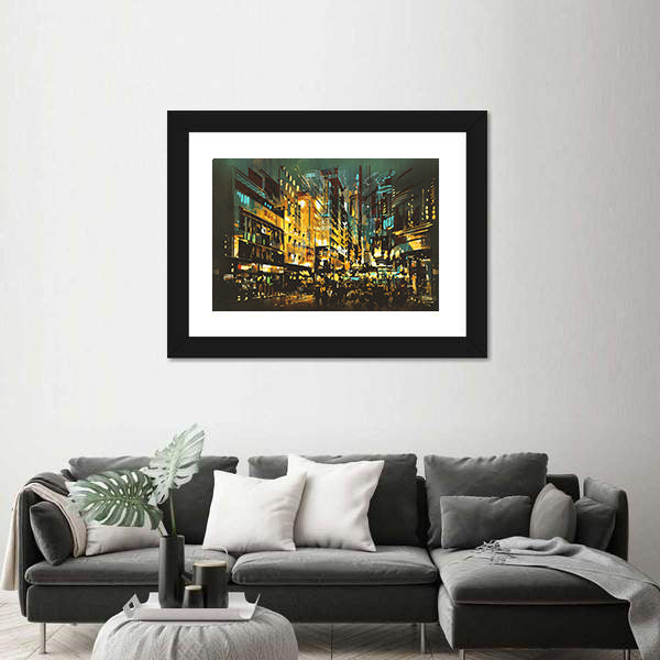 Abstract Night Cityscape with Golden Lights Canvas Wall Art