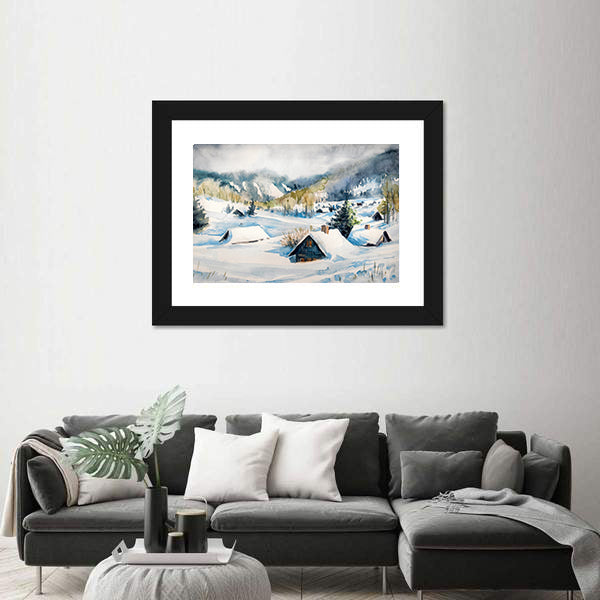 Snowy Mountain Village Canvas Wall Art