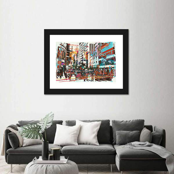 Energetic Abstract Cityscape in Cyan and Red Canvas Wall Art