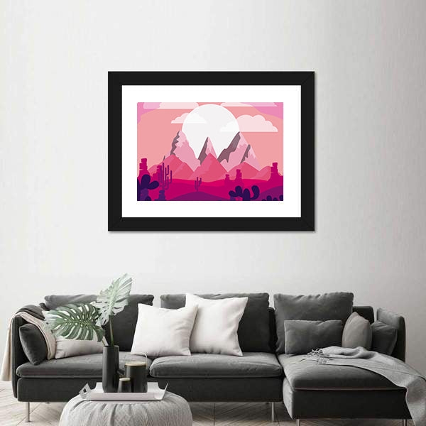 Desert Sunset Mountain Illustration Canvas Wall Art