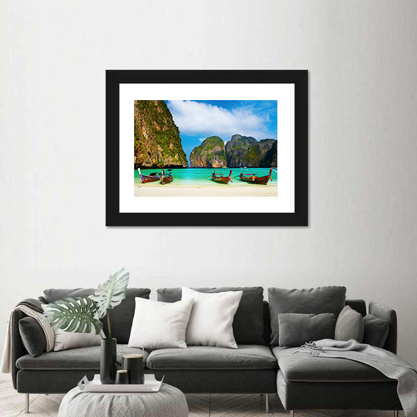 Tropical Beach And Traditional Long Tail Boats In Maya Bay Canvas Wall Art