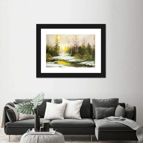 Winter Riverbank with Golden Light Canvas Wall Art