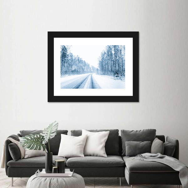 Snow Covered Open Road In Winter Canvas Wall Art
