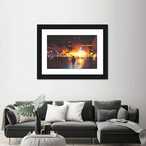 Lone Hooded Figure in Neon City Canvas Wall Art