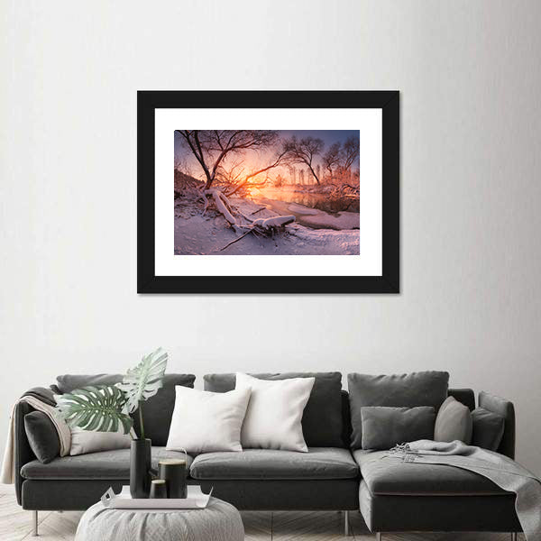 Frozen River At Sunset Canvas Wall Art