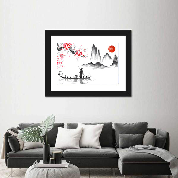 Japanese Ink Wash Fisherman at Sunrise Canvas Wall Art