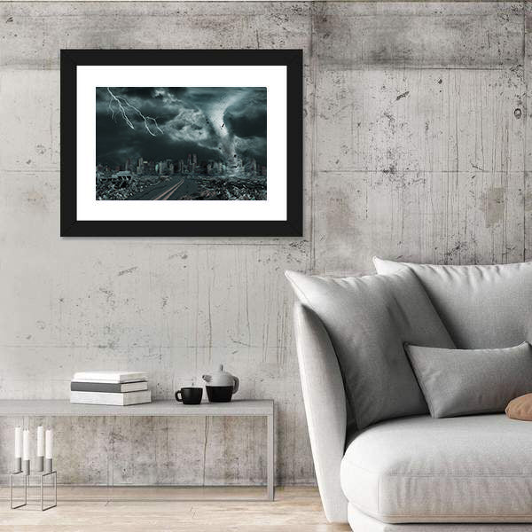 Tornado Over Ruined City Skyline Canvas Wall Art