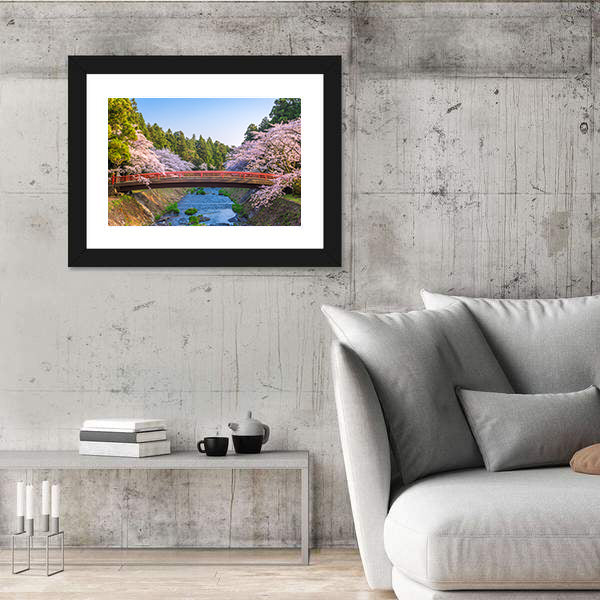 Cherry Blossoms Over Red Arched Bridge Canvas Wall Art