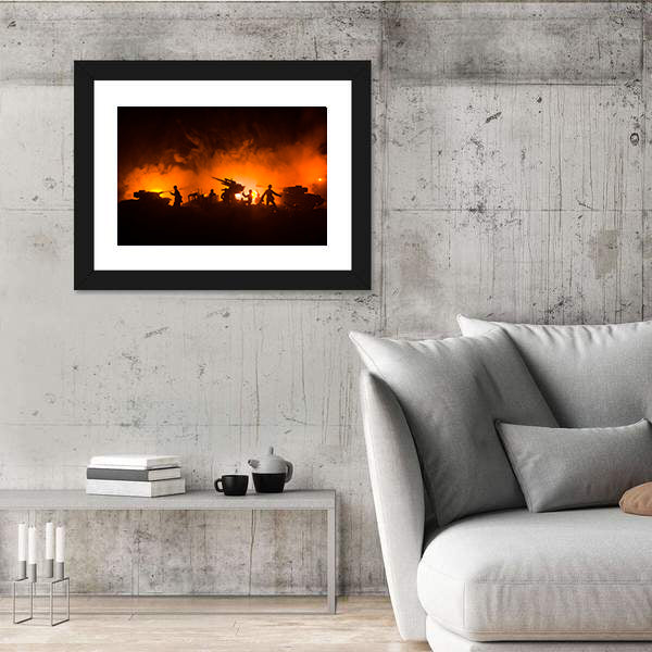 Soldier Silhouettes with Tanks and Anti-aircraft Canvas Wall Art