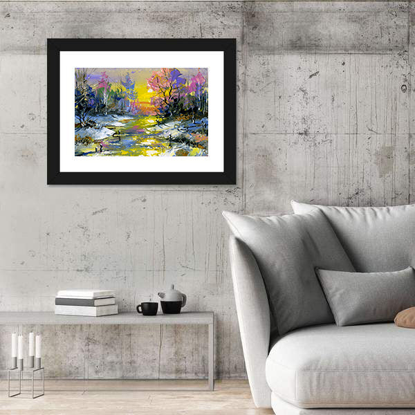 Winter Sunset River in Snowy Forest Canvas Wall Art