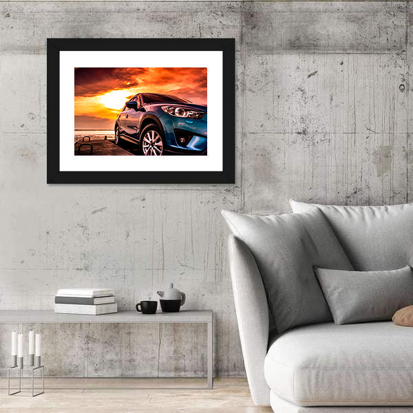 Blue Suv at Coastal Sunset Canvas Wall Art
