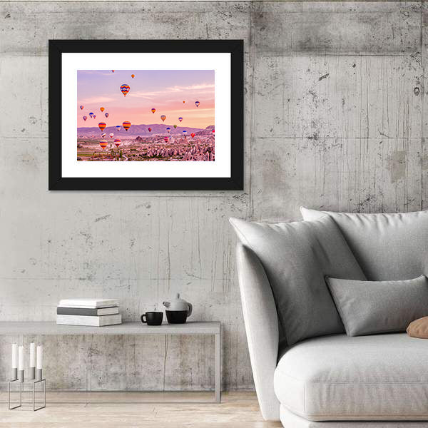 Hot Air balloons Flying Over Rock Landscape At Cappadocia Canvas Wall Art