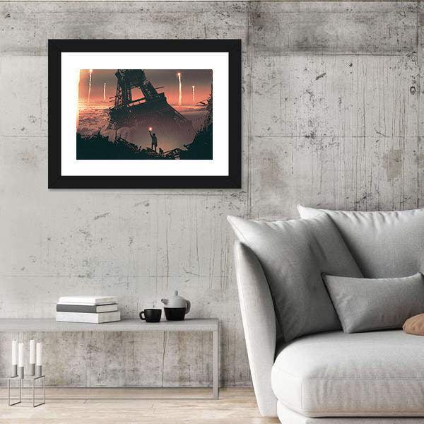 Silhouetted Man at Crumbling Eiffel Tower Canvas Wall Art