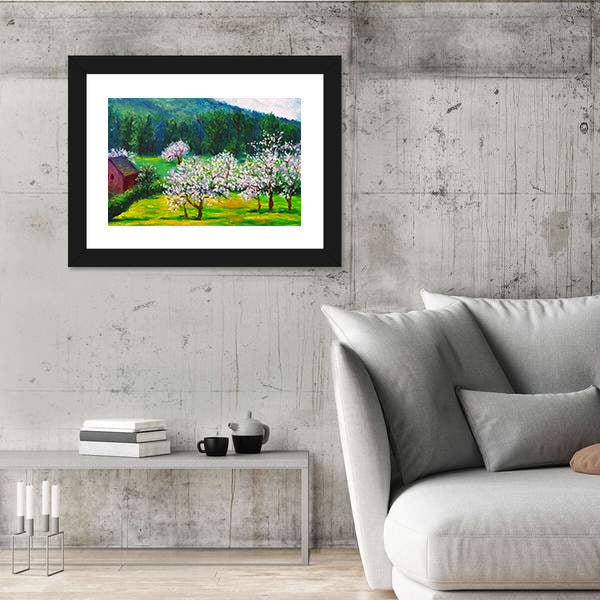 Plum Blossom Orchard with Red Barn Canvas Wall Art
