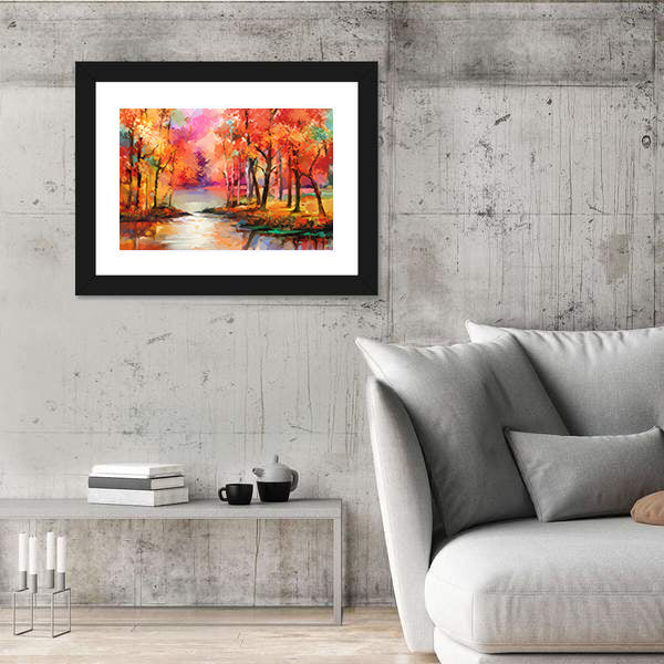 Autumn Forest with River Canvas Wall Art