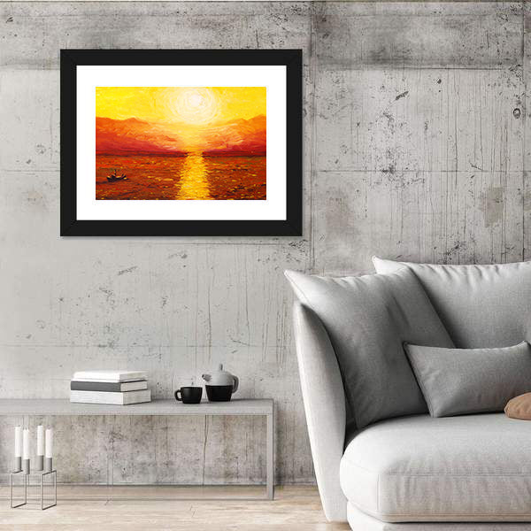 Sunset Sea with Boat Oil Painting Canvas Wall Art