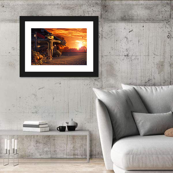 Pumpkin Scarecrow at Autumn Sunset Canvas Wall Art