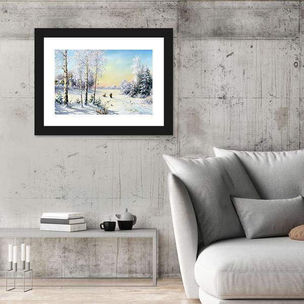 Winter Village by Frozen Lake Canvas Wall Art