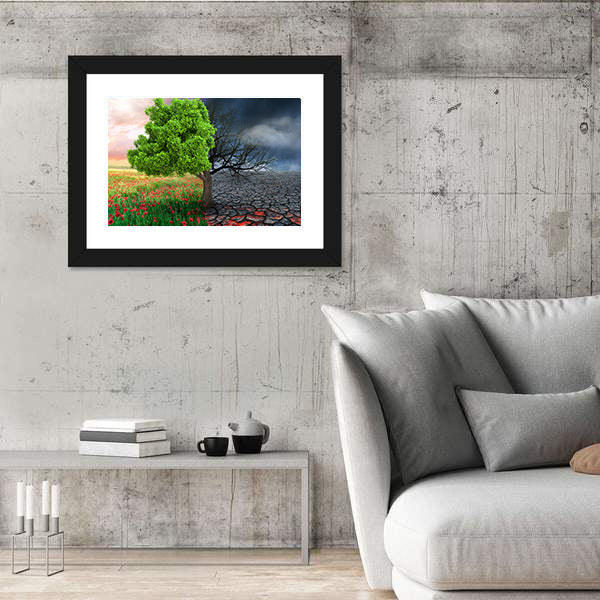 Split Tree with Poppies and Cracked Earth Canvas Wall Art