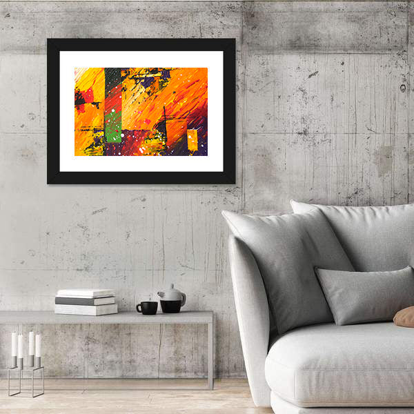 Energetic Orange Abstract with Green Block Canvas Wall Art