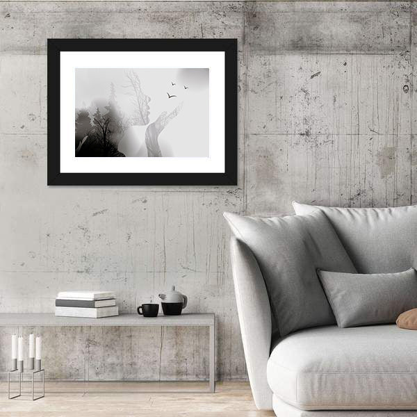 Woman Silhouette with Forest and Birds Canvas Wall Art
