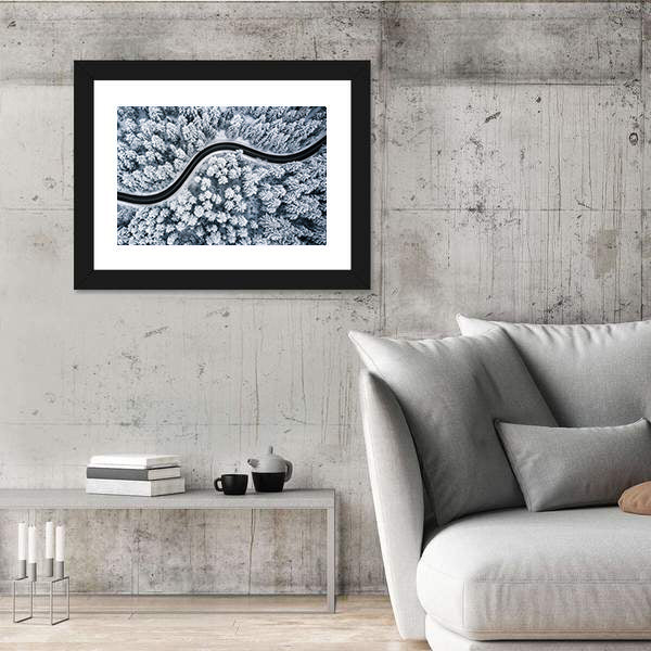 Curvy Windy Road In Snow Covered Forest Canvas Wall Art