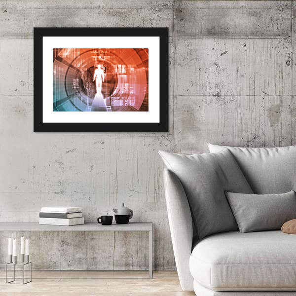 Technology Gateway with Glowing White Figure Canvas Wall Art